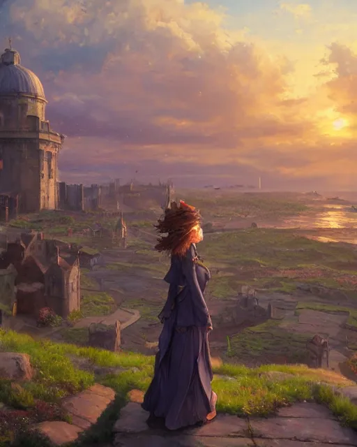 Prompt: over the shoulder landscape painting of violet evergarden, behind her is a distant old european city leiden from violet evergarden next to the reflecting ocean, ocean, sunset, by Philipp A. Urlich and Pengzhen Zhang and Andreas Rocha, fantasy, intricate, elegant, highly detailed, digital painting, artstation, blender, unreal engine 5, octane render, smooth, sharp focus, illustration