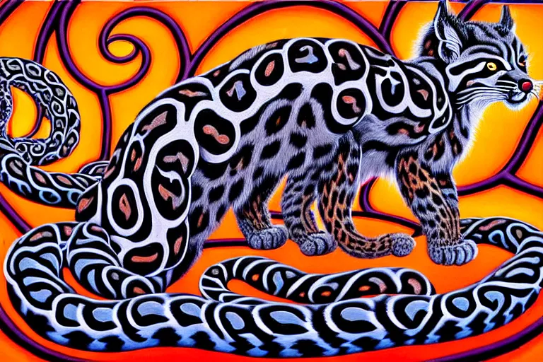 Image similar to a detailed painting of a magick polecat occult effigy beautiful lynx fur that is a crescent shaped leopard atomic latent snakes in between autobiological cybernetic ferret resurgence of snake phonkadelic ferret in the style of escher, alex grey, kubrick inspired by realism, symbolism, magical realism and dark fantasy, clear, crisp,