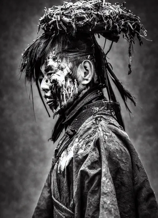 Prompt: samurai portrait photo, wearing all black mempo mask, after a battle, war scene, dirt and unclean, extreme detail, cinematic, dramatic lighting render, extreme photorealism photo by national geographic, jeff leg, masterpiece