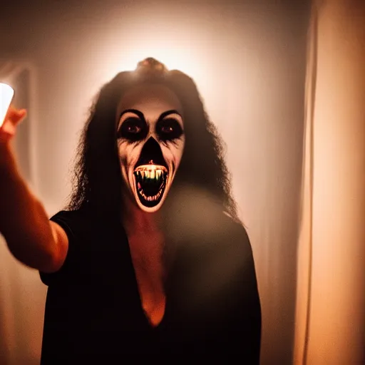 Image similar to A woman takes a selfie in a dark and spooky room, the only light coming from a flickering candle, as she smiles for the camera, in a Halloween style.