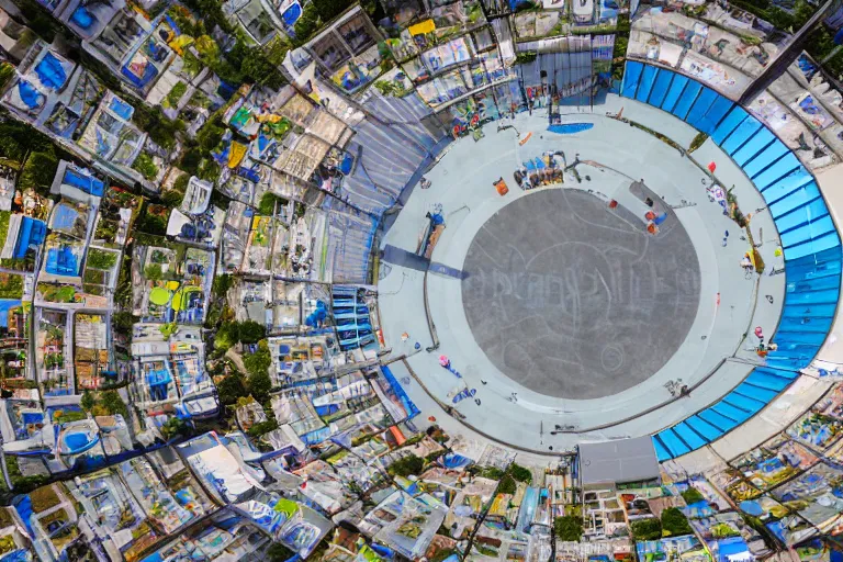 Image similar to top - down view of a high - tech sky arena inspired by modern skate parks and modern chinese playgrounds, wide angle, cinematographic shot, day