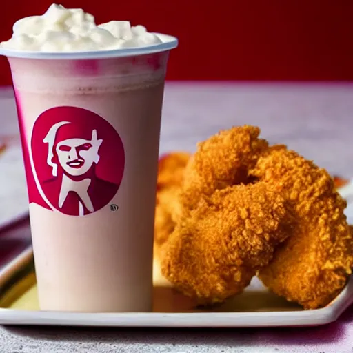 Image similar to a kfc milkshake next to a shrimp wearing a dress, on a beautiful plate, food photography, studio lighting, hyper realistic, sharp focus, hyper - detailed, 8 k resolution