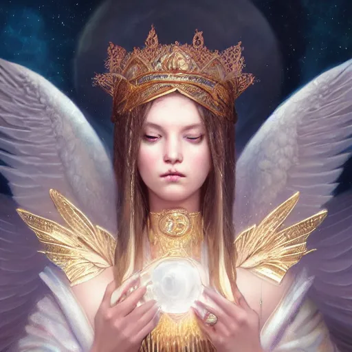 Image similar to A beautiful digital painting of a female Seraphim full of jewels, princess, the moon behind her, intricate, cinematic lighting, highly detailed, digital painting, Artstation, concept art, smooth, sharp focus, illustration, art by Tom Bagshaw, Artgerm and Greg Rutkowski