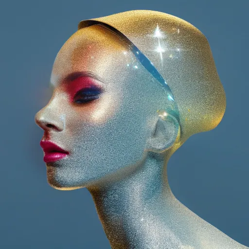 Image similar to portrait of a beautiful futuristic woman layered with high-tech jewelry wrapping around her face and head, golden-silver glow of moonlight with tiny blue, gold, and red gems scattered like dust