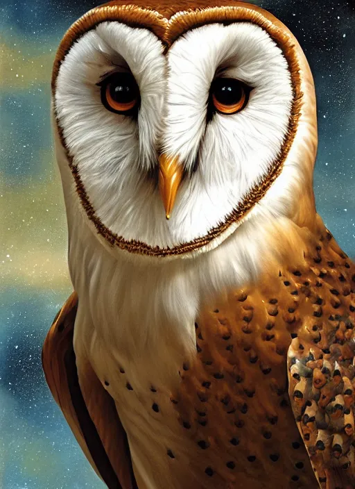 Image similar to close-up portrait of anthropomorphic barn owl, space, stars, dreamy, romantic, painting in the museum, highly detailed, sharp focus, digital painting, artwork, by Victor Adame Minguez by Yuumei by Tom Lovell by Sandro Botticelli