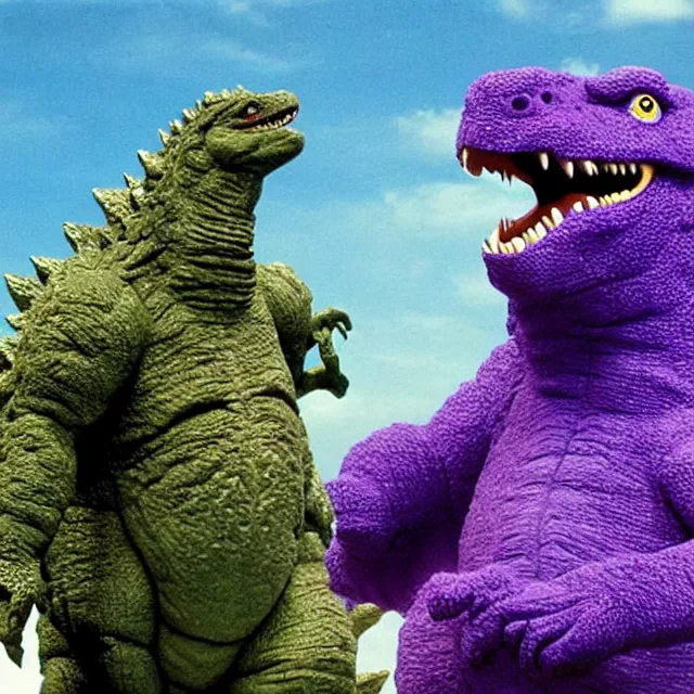 Image similar to Godzilla, Barney and Friends