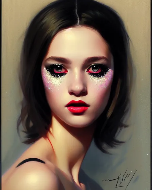 Image similar to stylized portrait of an artistic pose, composition, young fancy lady with white eyes and glitter makeup, realistic shaded, fine details, realistic shaded lighting poster by ilya kuvshinov, magali villeneuve, artgerm, jeremy lipkin and michael garmash and rob rey