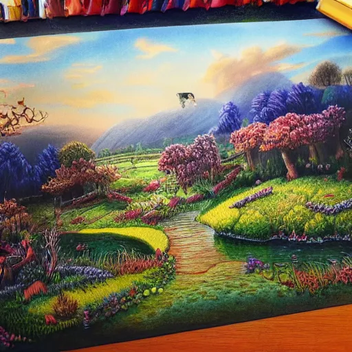Image similar to dreamscape little countryside landscape colored pencil, highly detailed, highly accurate, deep aesthetic, 8 k, highly ornate intricate details, cinematic lighting, rich colors, ray tracing, hyperrealistic, photorealistic, cinematic landscape, trending on artstation,