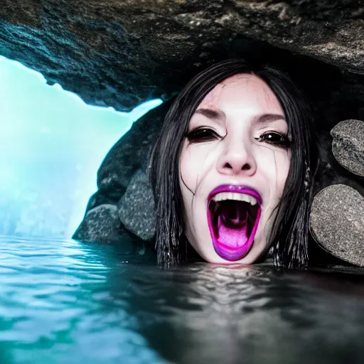 Image similar to photo inside a cavern of a wet reptilian humanoid rapper anime girl partially hidden behind a rock with black eyes open mouth and big teeth