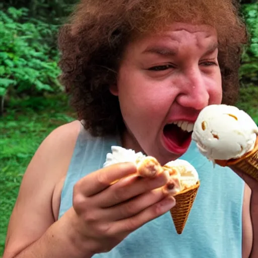 Image similar to photo of a neanderthal amazed eating ice cream