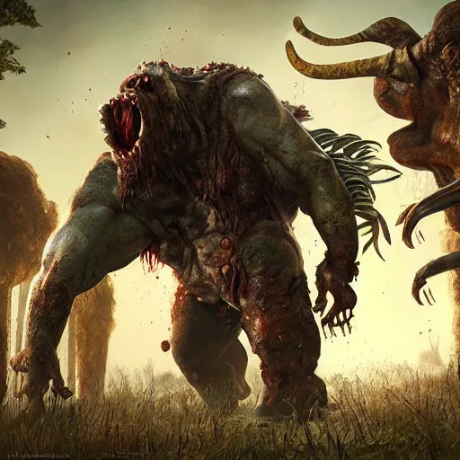 Image similar to zombie fungus behemoth, anthropomorphic, last of us, mushroom, juggernaut, water buffalo, ultra detailed, 8 k, trending on artstation, award - winning art,