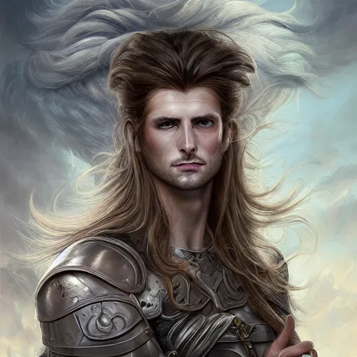 Image similar to portrait, handsome long - haired male fantasy paladin, blond, rpg game, stern expression, main character, highly detailed, digital painting, artstation, concept art, smooth, sharp focus, illustration, artgerm, tomasz alen kopera, peter mohrbacher, donato giancola, joseph christian leyendecker, wlop, frank frazetta