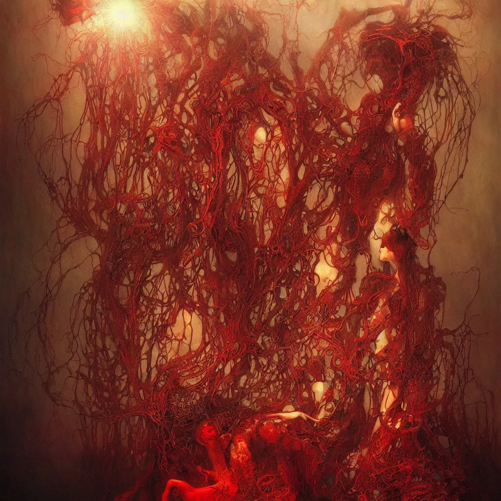 Image similar to colorful fungus monsters by beksinski and artgerm, red veins by alphonse mucha, intense lighting, light beams, lens flare, intricate, elegant, nightmare, highly detailed, digital painting, artstation, concept art, smooth, sharp focus, illustration