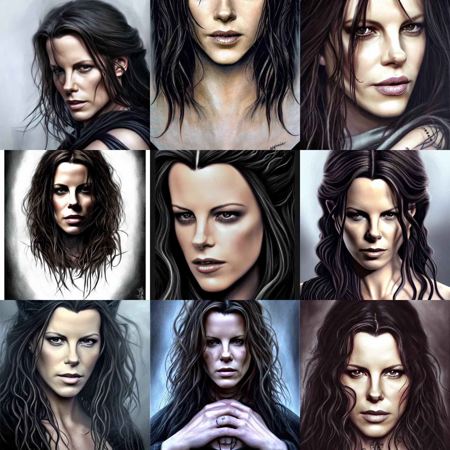 Prompt: portrait, kate beckinsale, dark wizard, lord of the rings, tattoos, black jewelry, perfect face, detailed, concerned, digital painting, by brom