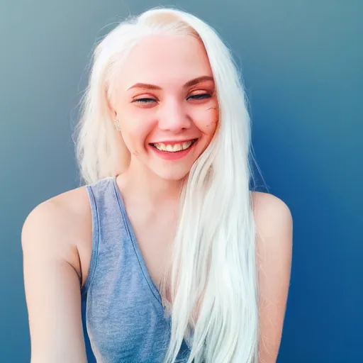 Image similar to beautiful selfie of a cute thin young woman smiling smugly, long light platinum blonde hair, flushed face, small heart - shaped face, cute freckles, light blue eyes, golden hour, 8 k, instagram