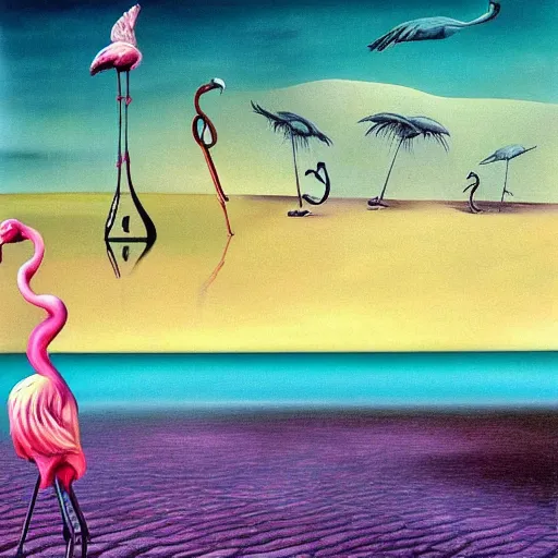 Prompt: A surreal oil painting of a puzzle containing a beautiful woman and Flamingos on a desert beach oasis by Salvador Dali, dark vibes, pastel lighting, high contrast, cinematic, depth of field