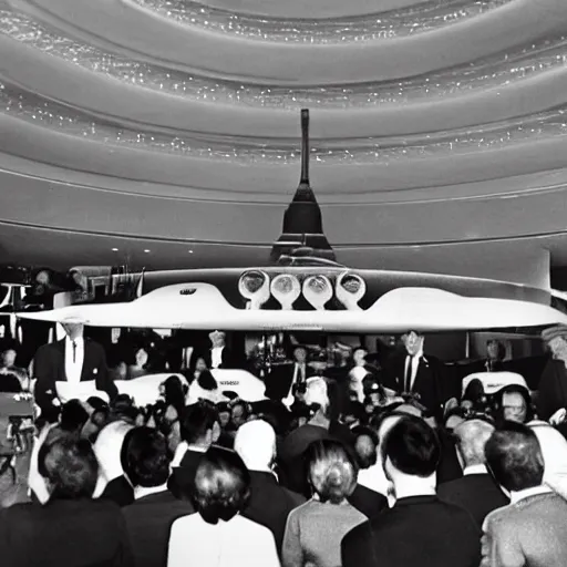 Prompt: The French President Charles de Gaulle inaugurating the first faster than life spaceship in 1969