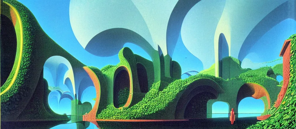 Image similar to huge gargantuan angular dimension of infinite liminal spaces, buildings by escher and ricardo bofill. utopian landscape by roger dean. magical realism, surrealism, waterfalls, clouds, mallsoft, vaporwave, shot from below, epic scale