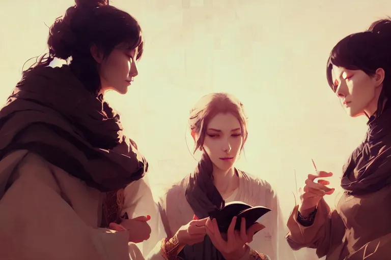 Image similar to portrait of two wise and very beautiful women discussing some texts, art by guweiz and greg rutkowski, intricate, elegant, highly detailed, smooth, sharp focus, artstation