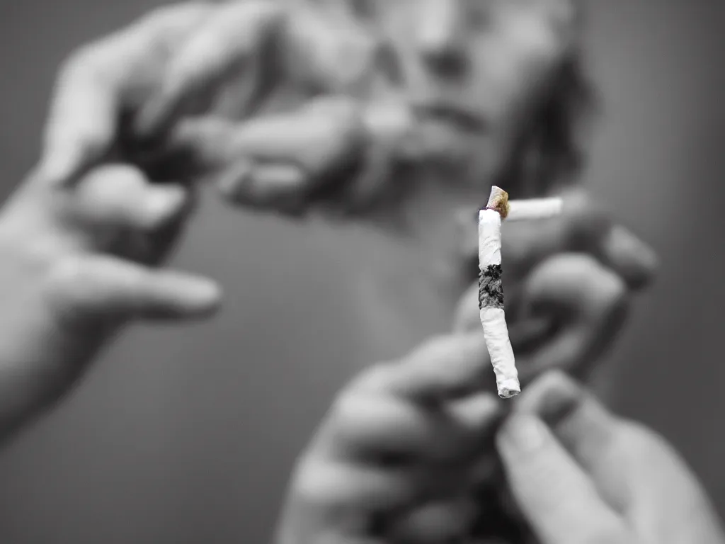 Prompt: Close-up view of hyperrealistic thin soft hand holding cigarette with smoke, photo by Damien Lovegrove, 4K