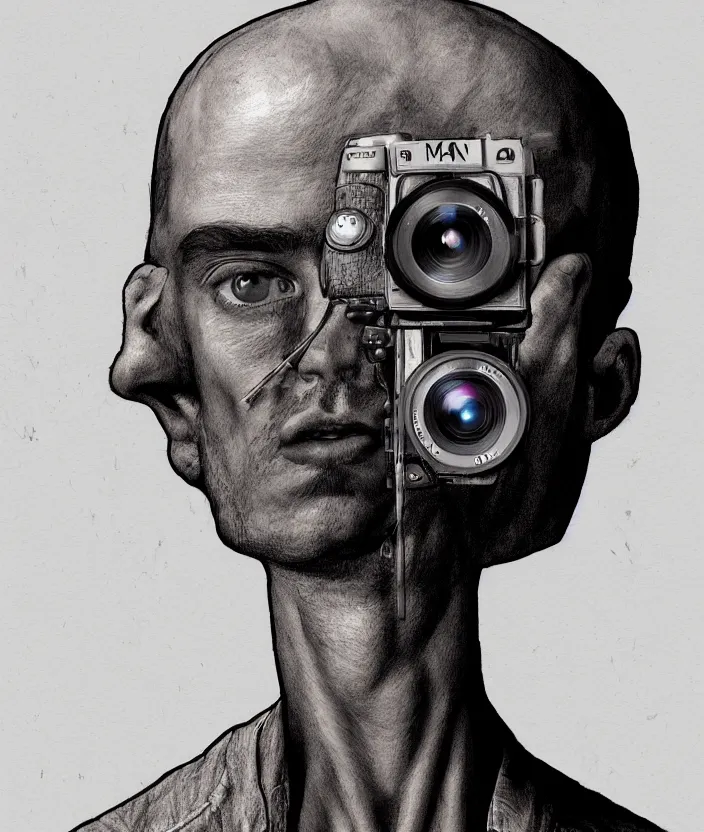 Image similar to man with camera for a head, hyper realism, fine details, concept art, digital art, deviantart artstation, very sharp, in the style of john pound,