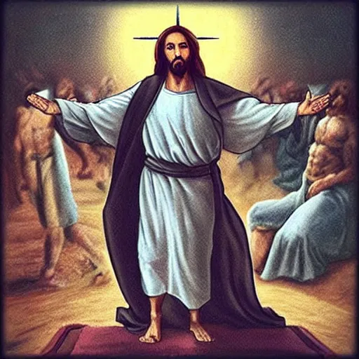 Prompt: “Jesus doing pushups in front Satan”