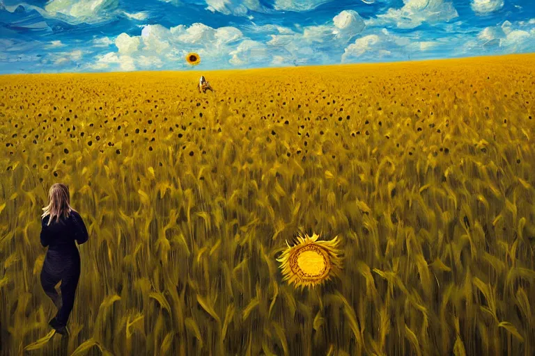 Image similar to giant sunflower as a head, girl walking in wheat field, hills, surreal photography, dark night, star trails, dramatic light, impressionist painting, clouds, digital painting, artstation, simon stalenhag