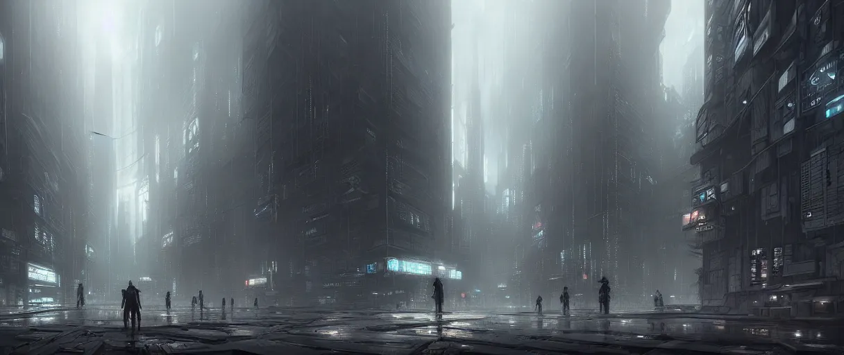 Prompt: dystopian cyberpunk world, with doors everywhere, grey sky, monochrome except doors, concept art, matte painting, high detail, buildings made of doors, large scale, digital painting, style of jordan grimmer, high res