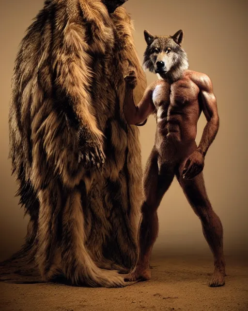 Image similar to a man wolf centaur, has the head of a timber wolf, torso of a man, and body of a wolf, standing on four legs, covered in fur, highly realistic, Rick Baker style, photoreal, studio lighting