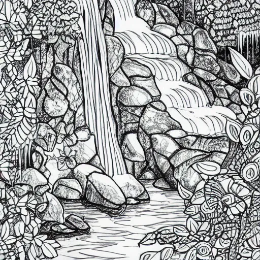 Image similar to an adult coloring page of a waterfall in the enchanted forest, light detail