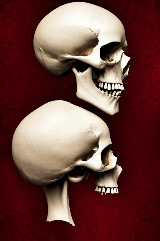 Image similar to a human opening head showing part of the skull, made with chrome, layed on a red velvet fabric, made by hedi xandt, macabre art, dark surrealism, epic and cinematic view, volummetric light, texturized, detailed, 8 k