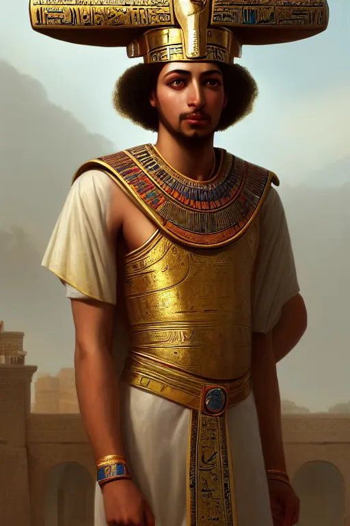 Image similar to a portrait of Ramesses II, illustration, soft lighting, soft details, painting oil on canvas by Edmund Blair Leighton and Charlie Bowater octane render trending on artstation d&d characters, 4k, 8k, HD