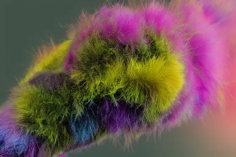 Image similar to an amazing fluffy caterpillar with psychedelic colors, macro photography, fiberous hairs and very detailed capture photography 8 k, sony, nikkon, cannon