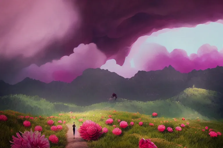 Image similar to giant dahlia flower face, girl walking on mountain, surreal photography, pink storm clouds, dramatic light, impressionist painting, digital painting, artstation, simon stalenhag