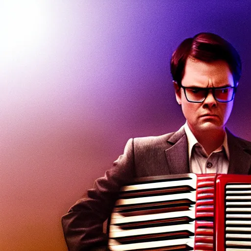 Prompt: dwight schrute playing the accordion, dramatic scene, heavy blue fog, red lightning, ultra wide angle, movie still, photorealistic, stranger things, netflix, upside - down, colorful lighting, grainy, aerial shot, shot from above, movie still