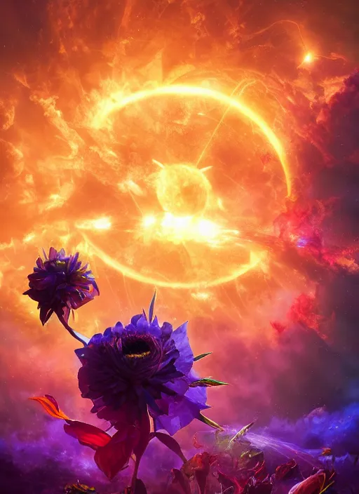 Image similar to An epic fantastic realism comic book style painting of the most beautiful flowers launched into space, bouquets and solar flares, fisheye lens, unreal 5, DAZ, hyperrealistic, octane render, dynamic lighting