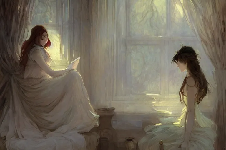 Image similar to a beautiful painting of a room with a pile of white paper, backlighting, gloomy, low saturation, rococo, by krenz cushart and mucha and monet, trending on artstation.