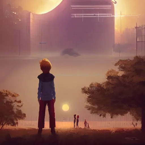 Image similar to digital painting of child playing with a huge humanoid robot in a park, sunset, a dark dystopian city behind a huge wall, stunning, cinematic lighting, concept art by greg rutkowski and simon stalenhag, artstation