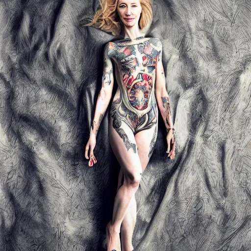 Image similar to full body tattooed cate blanchett, highly detailed, photorealistic, 4k