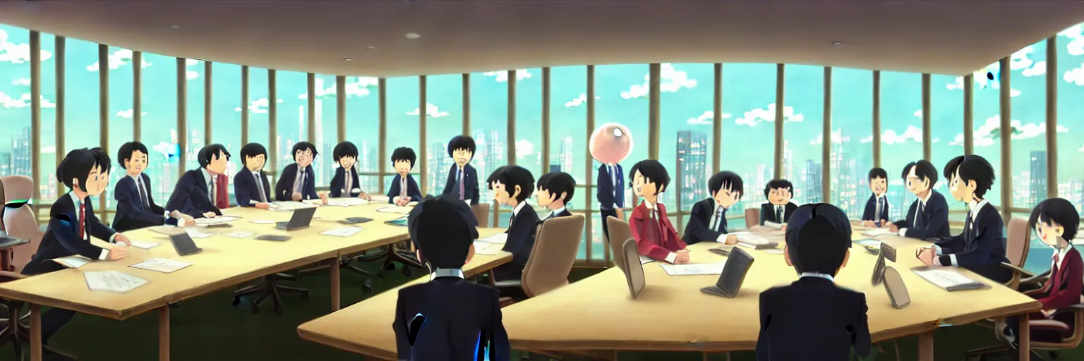 Prompt: a wholesome animation key shot of a conference room full of executives and large screen like a board room in skyscraper by studio ghibli, nicoletta ceccoli, mark ryden, lostfish, max fleischer, detailed and intricate environment, bloom, 8 k resolution, hyperrealistic, octane render, vivid colors, bright, cheerful, detailed and intricate environment