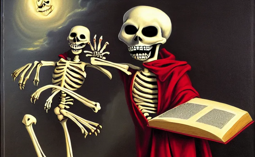 Prompt: scared skeleton that is dressed in sleepwear, and he is holding a large book, classic oil painting by tim jacobus, renaissance, styled as a goosebumps illustration, cold tones, nightcap, sleepwear, slippers, dim lighting, extreme clutter, award - winning art, extremely detailed, sharp focus