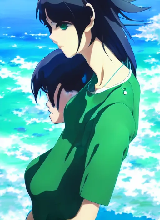Image similar to makoto shinkai, artgerm, ilya kuvshinov, beautiful anime women with green dress, long blue hair, water powers water swirling, symmetrical face, symmetrical eyes, detailed, beach setting, cinematic lighting