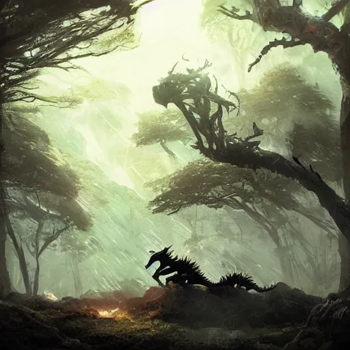 Prompt: black dragons dwell in the wilderness by sung choi, world tree, by greg rutkowski.