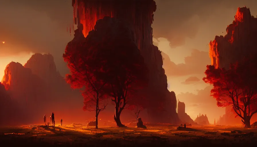 Image similar to highly detailed matte painting of a hostile thunderoud rural landscape by atey ghailan, by greg rutkowski, by greg tocchini, by james gilliard, by joe fenton, red, brown, black and yellow color scheme, octane render