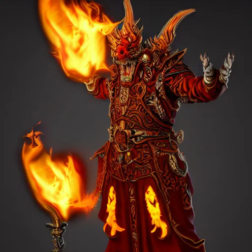 Image similar to ragnaros the firelord wielding burning skull as a mask full body 8 k