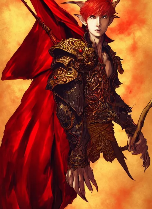 Image similar to Half body portrait of a handsome young red haired elven monk prince with dragon eyes, staff and red and golden ornate dragon robe. In style of Yoji Shinkawa and Hyung-tae Kim, trending on ArtStation, dark fantasy, great composition, concept art, highly detailed.