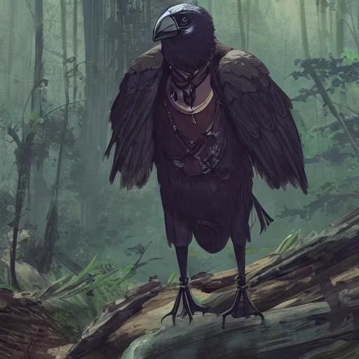 Image similar to concept art painting of a person with a head of a crow, with steampunk clothes, in the deep forest, realistic, detailed, cel shaded, in the style of makoto shinkai and greg rutkowski and james gurney