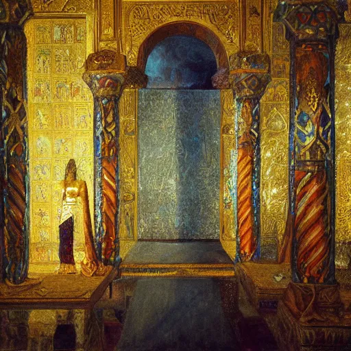 Image similar to a painting of a throne room , a raytraced image by Mikalojus Konstantinas Čiurlionis, polycount, metaphysical painting, hall of mirrors, egyptian art, concept art