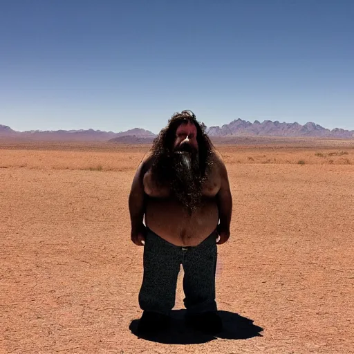 Prompt: 600 pound dwarf standing in the nevada desert