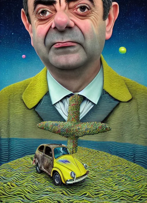 Image similar to hyper detailed 3d render like a Oil painting muted colors - slightly silly portrait of Rowan Atkinson cross eyed as Mr. Bean atop his yellow beetle in Aurora seen tickling of the Strangling network of yellowcake aerochrome and milky Fruit and Her delicate Hands hold of gossamer polyp blossoms bring iridescent fungal flowers whose spores black the foolish stars by Jacek Yerka, Mariusz Lewandowski, Houdini algorithmic generative render, Abstract brush strokes, Masterpiece, Edward Hopper and James Gilleard, Zdzislaw Beksinski, Nicoletta Ceccoli, Wolfgang Lettl, hints of Yayoi Kasuma, octane render, 8k